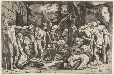 The Skeletons, en gruppe avmagrede menn og kvinner samlet rundt et skjelett lagt på ..., 1515-27.
