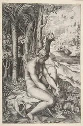 Venus fjerner en torn fra venstre fot mens hun sitter på et tøy ved siden av trær, en ..., ca. 1515-27.