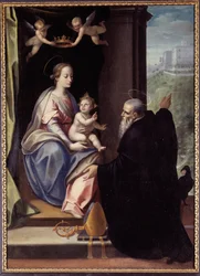Den hellige Benedikt forplikter klosteret Montecassino til Jesus og Maria Maleri av Marco Mazzaroppi