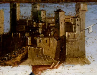 Tronet Madonna og helgener, detalj av predella av St Adrian av Marco Palmezzano (ca 1460-1539), St Francis Church, Matelica, Marche, Italia, detalj