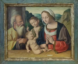 Den hellige familie med døperen Johannes, ca. 1525–39 (olje på panel)