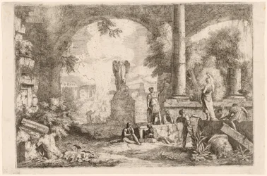 Capriccio av antikke ruiner med menn som stirrer på en klassisk taler