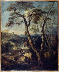 Landskap#39;: Caprice. Maleri av Marco Ricci (1676–1730), Accademia Carrara, Bergamo, Italia.