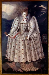 Fotportrett av dronning Elisabeth (Elizabeth) Iere av England Maleri av Marcus Gheeraerts (Gerards eller Geerards) den unge (1561-1635) Rundt 1592 Søn. 2,41x1,52 m London, National Portrait Gallery