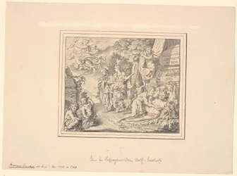 Allegorisk blad med den druknede Silenus og andre mytologiske og allegoriske figurer ved en sarkofag med inskripsjonen: "Sepulcrum pudicitiae mortae"
