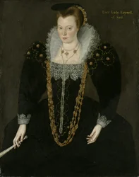 Portrett av Lucy, Lady Reynell fra Ford, trekvart lang, i en mørk kjole med hvit blondekrage og gull- og perlekjeder, med en vifte i høyre hånd med identifiserende inskripsjon