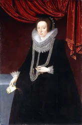 Portrett av Margaret Belasyse i svart kjole, med perlekjede og en bok i høyre hånd