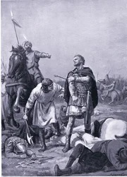Erobringen av keiser Romanus Diogenes av Alp Arslanti i 1071 e.Kr. (litografi)