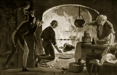 Lambert Simnel på kjøkkenet, illustrasjon fra «Hutchinsons historie om den britiske nasjonen», ca. 1923 (lito)