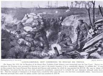 Visekorporal Best tildelt en DCM for å ha begynt å gjenoppbygge skyttergraven sin nær Yserkanalen under kraftig ild i august 1915 (litografi)