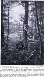 Menig Edom jakter på snikskyttere i Chivy Wood, høsten 1914 (litografi)