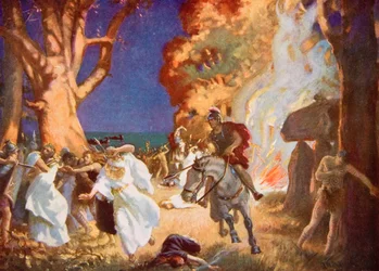 Druidenes massakre ved Anglesey utført av romerne i år 60 e.Kr., illustrasjon fra «Hutchinsons historie om den britiske nasjonen», ca. 1920 (fargelitografi)