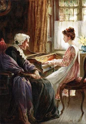 Deres aftensalme. Kromolitografi etter maleri av den engelske kunstneren Margaret Isabel Dicksee (1858–1903) utgitt i 1892. Ung jente spiller keyboardmusikk (cembalo) for sin gamle bestemor.
