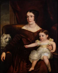 En mor og et barn med en hvit hund i et interiør, ca. 1815–66 (olje på lerret)