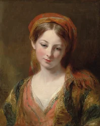 Portrett av en ung jente, antatt å være Henrietta Carpenter, bystelengde, i orientalsk kjole, 1839