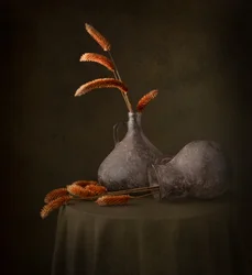 Stille krukker med tørket gress