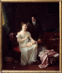 Lykkelige ektefeller En ung borgerlig familie fra det første imperiet. Maleri av Marguerite Gerard (1761-1837) Lyon fra 1800-tallet, Musee des Beaux Arts