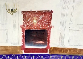 Interiør med rød skorstein, 2018 (akvarell og tempera på papir)