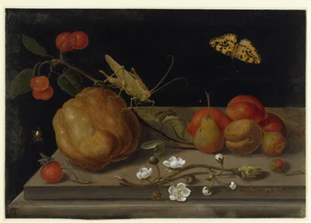 Stilleben med frukt, en gresshoppe og en sommerfugl