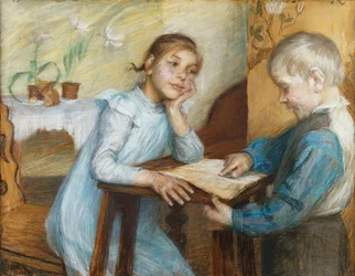 Et interiør med en gutt som leser for en jente, 1912