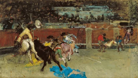 Tyrefekting. Wounded Picador - Fortuny, Maria (1838-1874) - ca 1867 - Olje på lerret - 80,5x140,7 - Museo Carmen Thyssen, Malaga