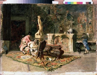 L'amateur de gravures (d'estampes). (Elskere av trykk). Maleri av Mariano Fortuny y Marsal (1838-1874)