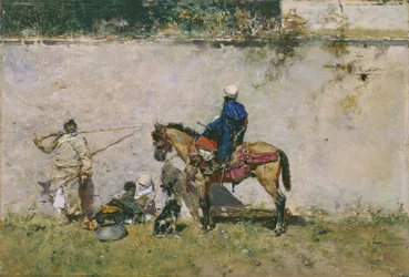 Orientalisme: en marokkansk familie ved vannet (Marokkanerne) - Maleri av Mariano Fortuny (1838-1874)