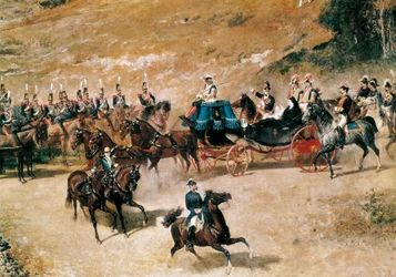 Dronning María Cristina og hennes datter, Isabel II, gjennomgikk artilleribatteriene som forsvarte Madrid i 1837, detalj, ca. 1866 (olje på lerret)