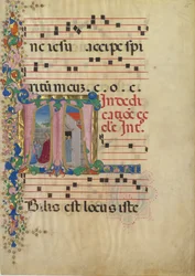 Manuskriptblad med innvielsen av en kirke i en innledende T, fra en gradvis, andre halvdel av 1400-tallet.