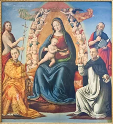 Madonna med barn og hellige (olje på panel)