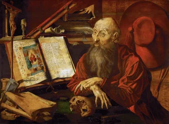 Saint Jerome dans sa cellule - Saint Jerome in his Cell, av Reymerswaele, Marinus Claesz, van (ca. 1490-etter 1567). Olje på tre, ca 1545. Dimensjon : 80x108 cm. Kunsthistorisk museum, Vienne
