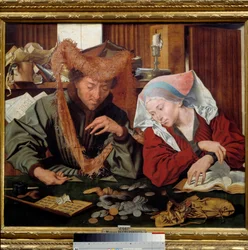 Pengeveksleren og hans kone. Et par pengeutlånere teller og veier penger. Maleri av Marinus Claeszoon van Reymerswaele (1493-1567), 1538, Madrid, Prado-museet