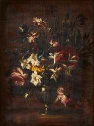 Et stilleben av blomster i en glassvase (olje på lerret)