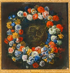 Blomsterkrans med en bibelsk scene i midten