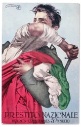 En italiensk soldat forsvarer trikoloren med trukket sverd. Propagandapostkort for det nasjonale lånet, ca. 1915-18