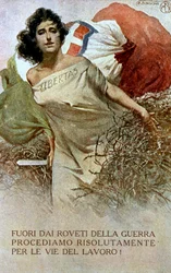 Tegning av en allegori over Italia frigjort fra første verdenskrigs åk. (farge litho)