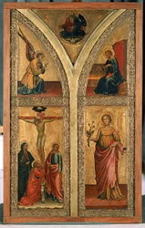 Alterfløy som viser korsfestelsen, St. Dorothy og andre helgener, ca. 1420 (tempera på poppeltre)