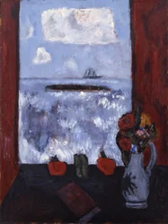 Sommer, hav, vindu, rød gardin, 1942 (olje på masonitt)