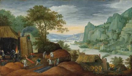 Et steinete landskap med figurer ved et jernstøperi, en elv og hus på bredden bortenfor