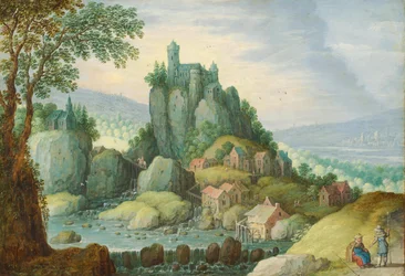 Panoramautsikt over landskap med elv, slott på et fjellutspring og vannmølle nedenfor
