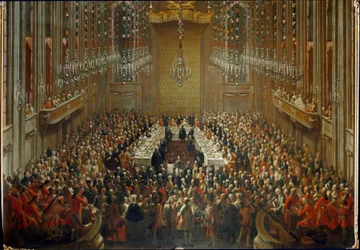 Bankett i anledning bryllupet til keiser Joseph II og Isabella av Parma den 06.10.1760. Med Mozart stående i orkesteret