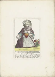 De dwerg Mademoiselle Poupon, som Parijse Schone, ca. 1710 Mademoiselle Poupone, den parisiske skjønnheten, en datter av den velkjente parlamentsadvokaten Monsr. Chican (tittel på objekt) Il Callotto resurcitato eller nyinnredet Zwerchen-hytte
