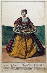 En kaffetrakter: en ung kvinne som bærer et brett ladet med en kaffeservering. Gravering av Martin Engelbrecht (1684-1756) 1700-tallet. Paris, dekorativ kunst