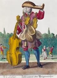Lutspiller, gravering fra Assemblage des nouveau manouvries habilles av Martin Engelbrecht (1684-1756), Tyskland