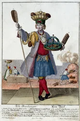 Metier: En baker. Gravering av Martin Engelbrecht (1684-1756), i "" New assembly of the manouvries habilles"" 1700-tallet, Tyskland. Paris, dekorativ kunst