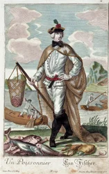 Metier: Et fisketre. Gravering av Martin Engelbrecht (1684-1756), i "" New assembly of the manouvries habilles"" 1700-tallet, Tyskland. Paris, dekorativ kunst