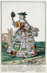 Metier: En bildeselger. Gravering av Martin Engelbrecht (1684-1756), i "" New assembly of the manouvries habilles"" 1700-tallet, Tyskland. Paris, dekorativ kunst