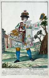 Metier: En bildeselger. Gravering av Martin Engelbrecht (1684-1756), i "" New assembly of the manouvries habilles"" 1700-tallet, Tyskland. Paris, dekorativ kunst
