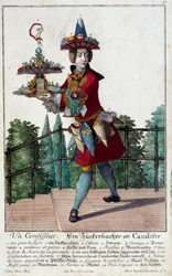 Konditoren: en ung mann som holder et brett med godteri og konfekt. Gravering av Martin Engelbrecht (1684-1756) 1700-tallet. Paris, dekorativ kunst