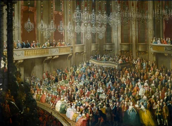 Fest gitt til ære for Maria Therese av Østerrike (1717-1780), Joseph II (1741-1790) som ble keiser og kone til Isabella av Parma (Bourbon-Parma) (Bourbon Parma) den 10/10/1760 den unge Wolfgang Amadeus Mozart (1756-1791) er til stede. Maleri fra Sc
